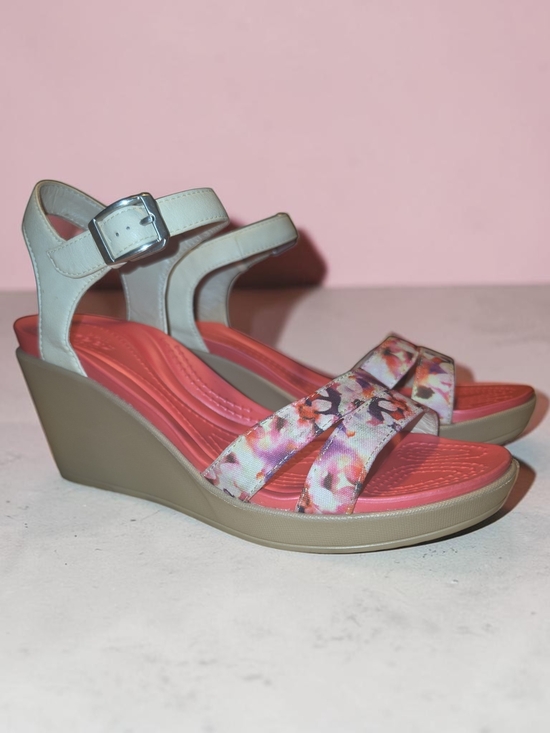 CROCS Shoes - CROCS Coral Florsl Footbed Wedges with Beige Ankle Strap